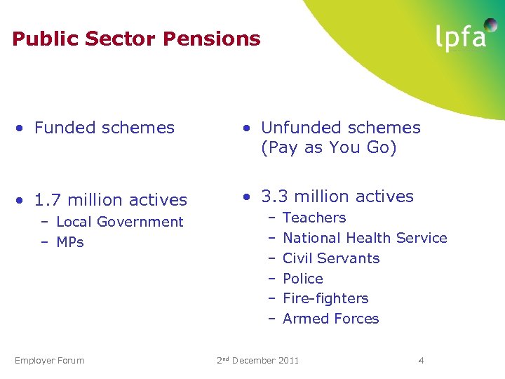 Public Sector Pensions • Funded schemes • Unfunded schemes (Pay as You Go) •