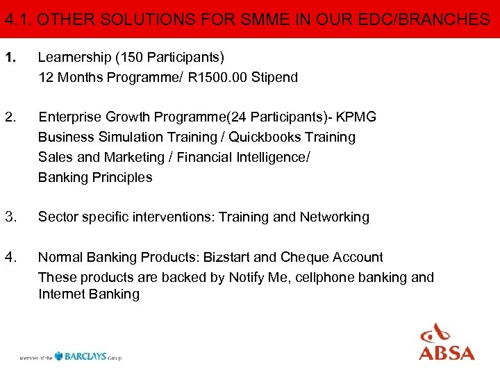 4. 1. OTHER SOLUTIONS FOR SMME IN OUR EDC/BRANCHES 1. Learnership (150 Participants) 12