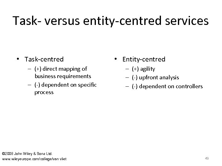 Task- versus entity-centred services • Task-centred – (+) direct mapping of business requirements –