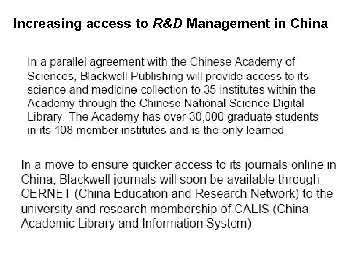 Increasing access to R&D Management in China 