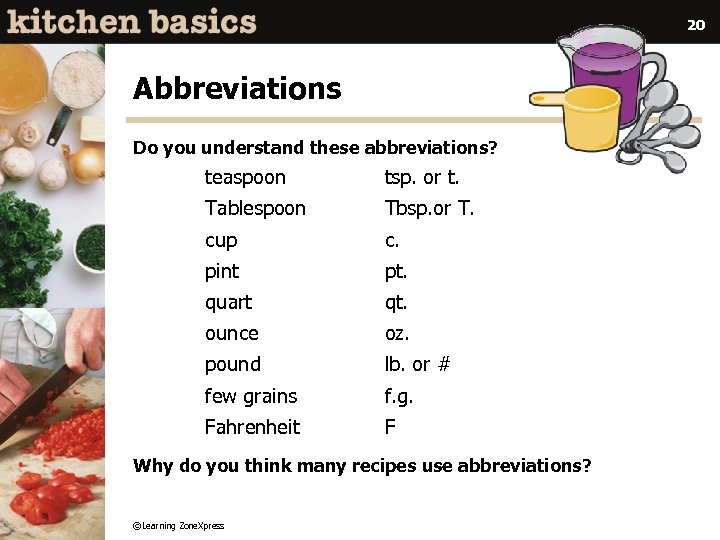 20 Abbreviations Do you understand these abbreviations? teaspoon tsp. or t. Tablespoon Tbsp. or