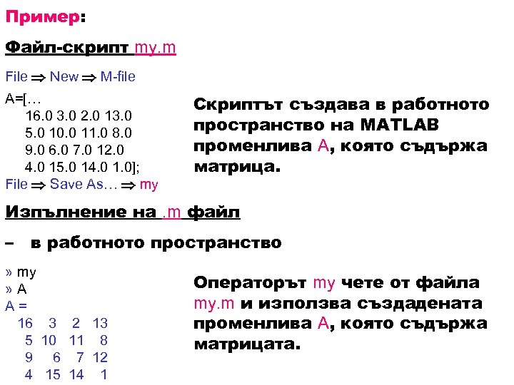 Пример: Файл-скрипт my. m File New M-file A=[… 16. 0 3. 0 2. 0