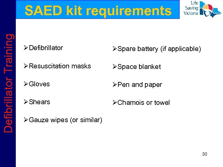 Defibrillator Training SAED kit requirements ØDefibrillator ØSpare battery (if applicable) ØResuscitation masks ØSpace blanket