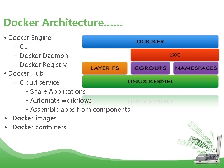 Docker Architecture…… •  Docker Engine –  CLI –  Docker Daemon –  Docker Registry •