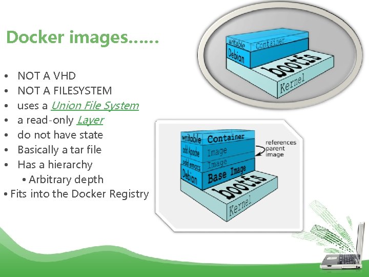 Docker images…… • NOT A VHD • NOT A FILESYSTEM • uses a Union