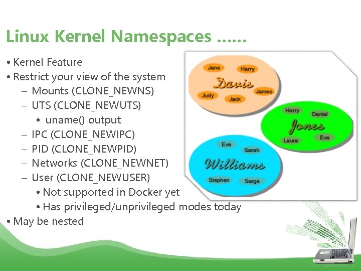 Linux Kernel Namespaces …… •  Kernel Feature •  Restrict your view of the system