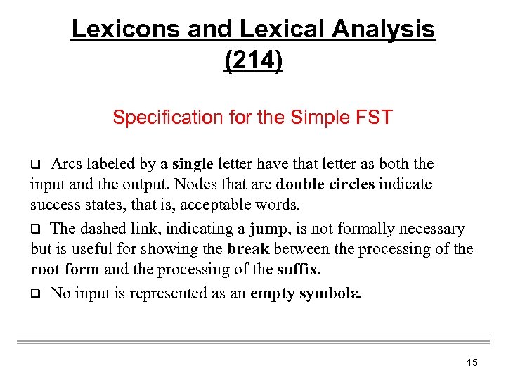 Lexicons and Lexical Analysis (214) Specification for the Simple FST Arcs labeled by a