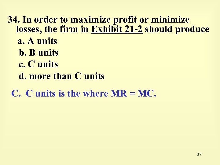 34. In order to maximize profit or minimize losses, the firm in Exhibit 21