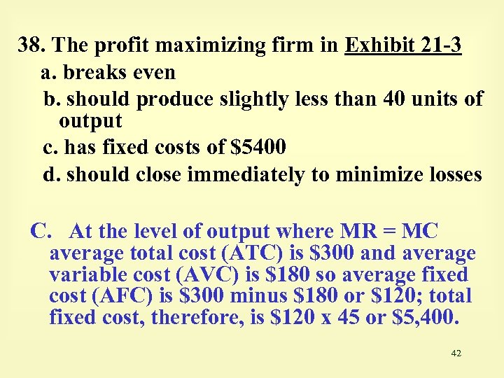 38. The profit maximizing firm in Exhibit 21 -3 a. breaks even b. should