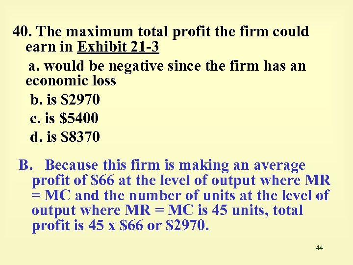 40. The maximum total profit the firm could earn in Exhibit 21 -3 a.
