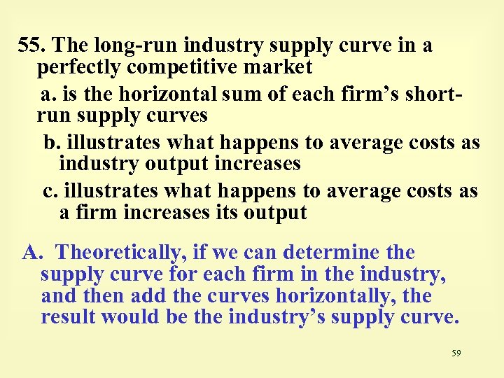 55. The long-run industry supply curve in a perfectly competitive market a. is the