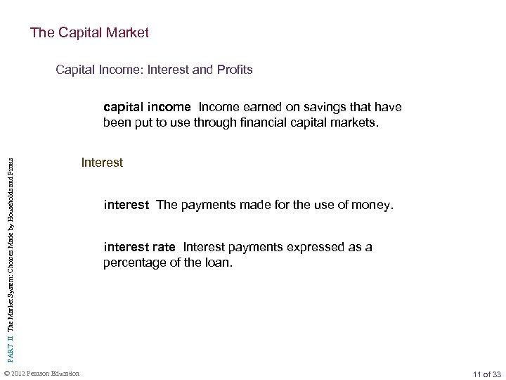 The Capital Market Capital Income: Interest and Profits PART II The Market System: Choices