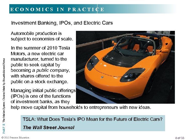 ECONOMICS IN PRACTICE Investment Banking, IPOs, and Electric Cars PART II The Market System: