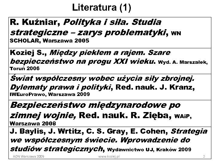 Literatura (1) R. Kuźniar, Polityka i siła. Studia strategiczne – zarys problematyki, SCHOLAR, Warszawa
