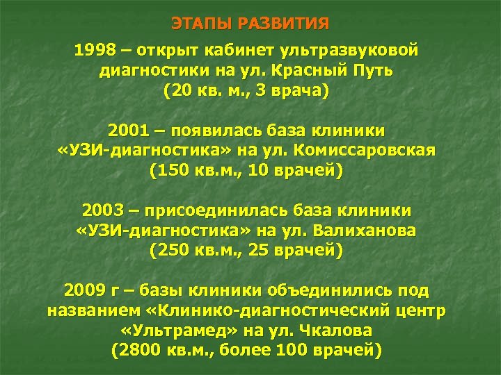 ЭТАПЫ РАЗВИТИЯ 1998 – открыт кабинет ультразвуковой диагностики на ул. Красный Путь (20 кв.