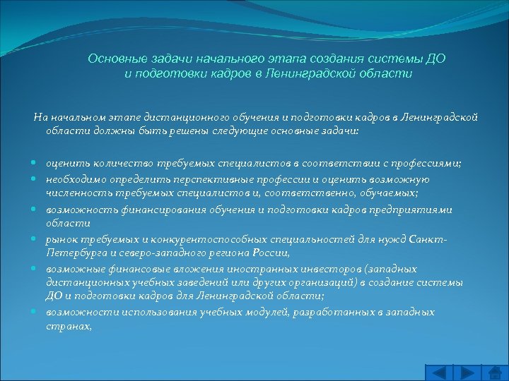 Основные задачи начального этапа создания системы ДО и подготовки кадров в Ленинградской области На