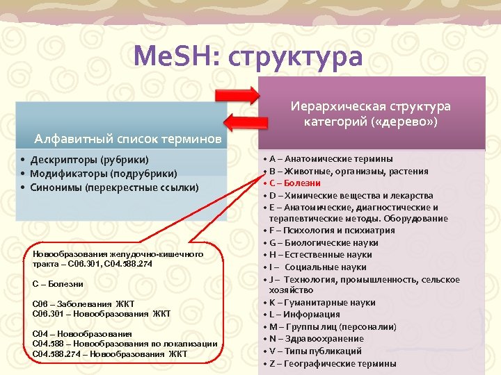 Me. SH: структура Иерархическая структура категорий ( «дерево» ) Алфавитный список терминов • Дескрипторы