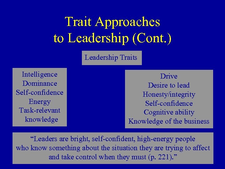 Trait Approaches to Leadership (Cont. ) Leadership Traits Intelligence Dominance Self-confidence Energy Task-relevant knowledge