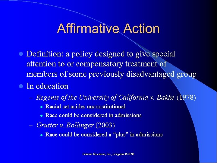 Affirmative Action Definition: a policy designed to give special attention to or compensatory treatment