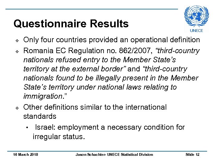 Questionnaire Results v v v Only four countries provided an operational definition Romania EC