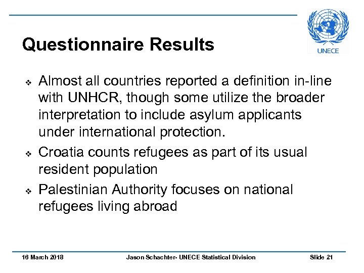 Questionnaire Results v v v Almost all countries reported a definition in-line with UNHCR,
