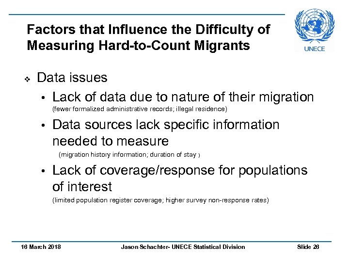 Factors that Influence the Difficulty of Measuring Hard-to-Count Migrants v Data issues • Lack