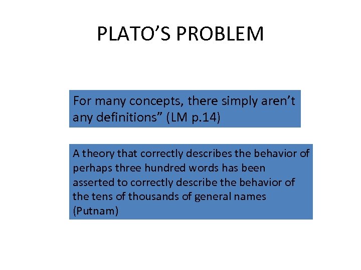 PLATO’S PROBLEM For many concepts, there simply aren’t any definitions” (LM p. 14) A