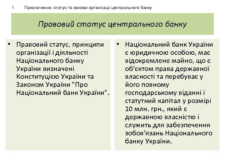 1. Призначення, статус та основи організації центрального банку Правовий статус центрального банку • Правовий