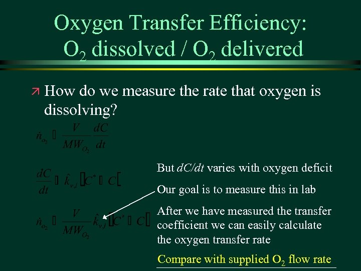 Oxygen Transfer Efficiency: O 2 dissolved / O 2 delivered ä How do we