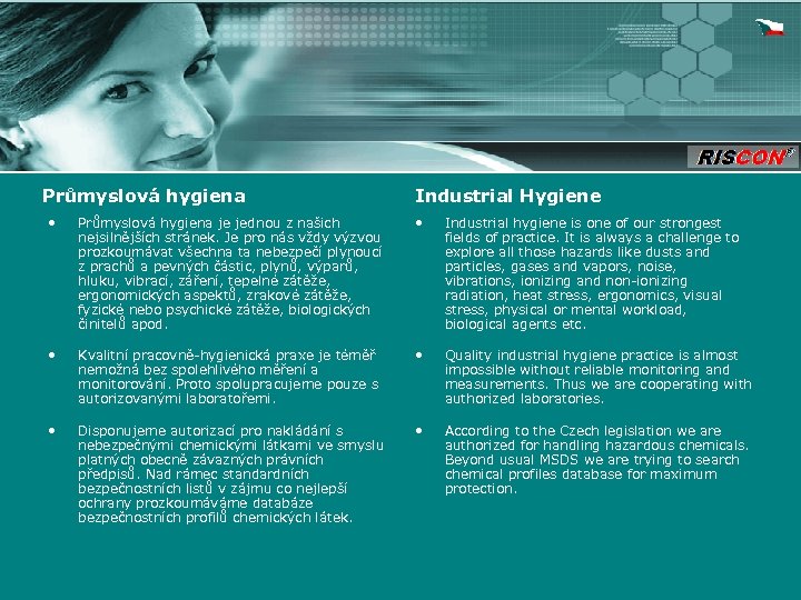 Průmyslová hygiena Industrial Hygiene • Průmyslová hygiena je jednou z našich nejsilnějších stránek. Je