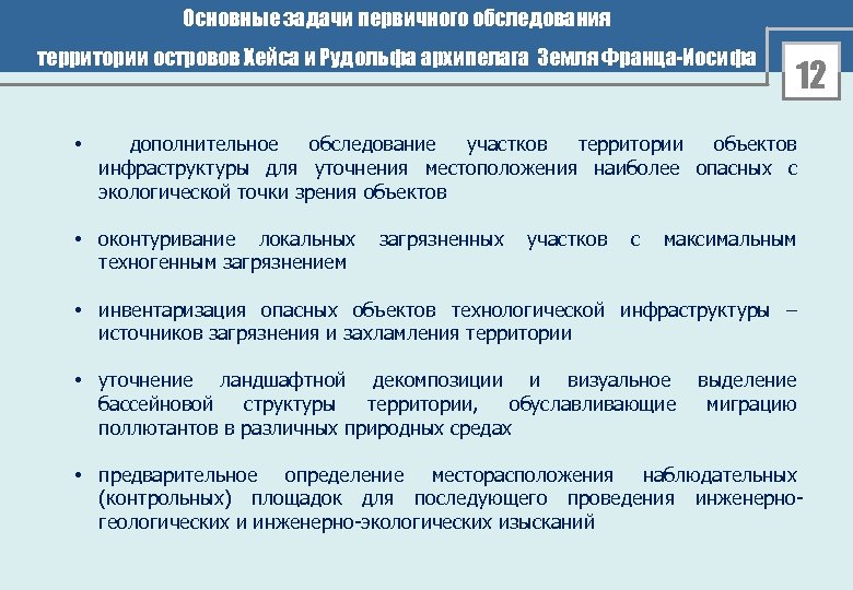 Основные задачи первичного обследования территории островов Хейса и Рудольфа архипелага Земля Франца-Иосифа 12 •