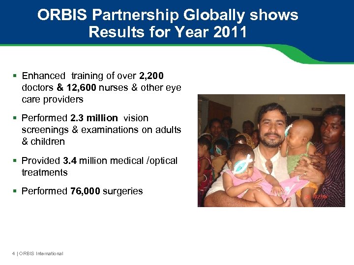ORBIS Partnership Globally shows Results for Year 2011 § Enhanced training of over 2,