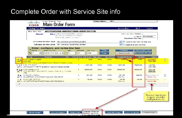 Complete Order with Service Site info spius © 2009 Cisco Systems, Inc. All rights