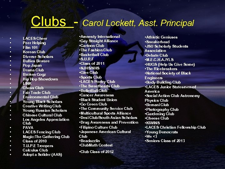 Clubs - Carol Lockett, Asst. Principal • • • • • • • LACES