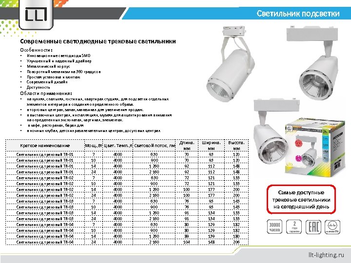 Светильник подсветки Современные светодиодные трековые светильники Особенности: • • Инновационные светодиоды SMD Улучшенный и