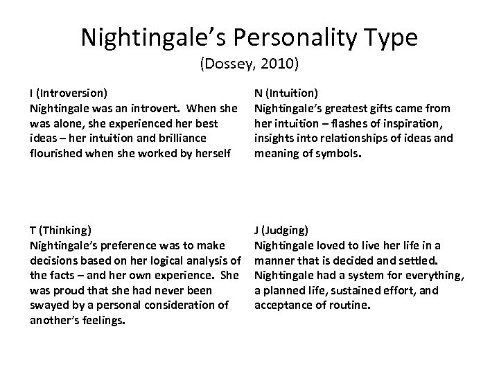 Nightingale’s Personality Type (Dossey, 2010) I (Introversion) Nightingale was an introvert. When she was