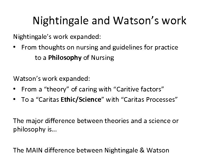 Nightingale and Watson’s work Nightingale’s work expanded: • From thoughts on nursing and guidelines