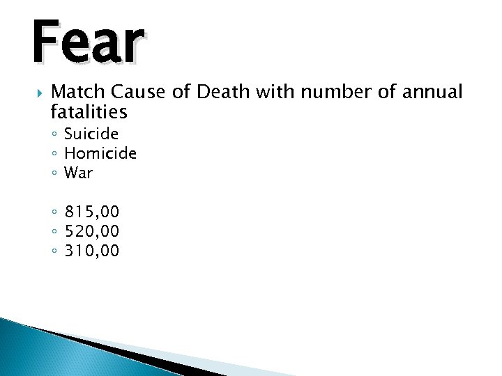 Fear Match Cause of Death with number of annual fatalities ◦ Suicide ◦ Homicide