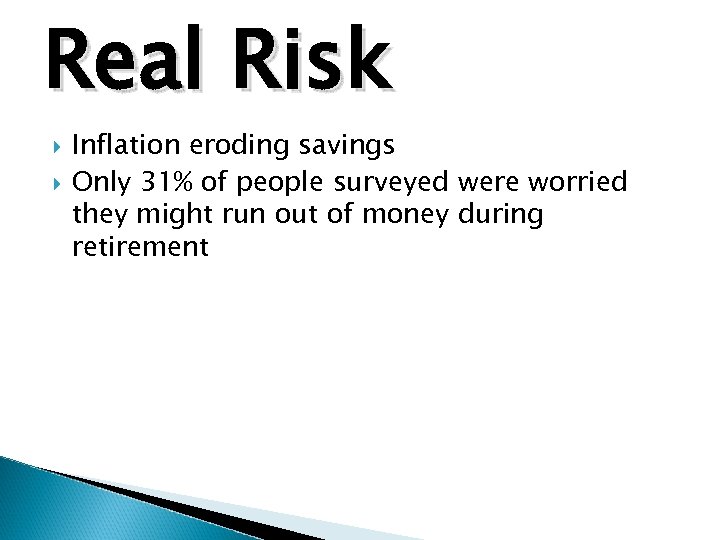 Real Risk Inflation eroding savings Only 31% of people surveyed were worried they might