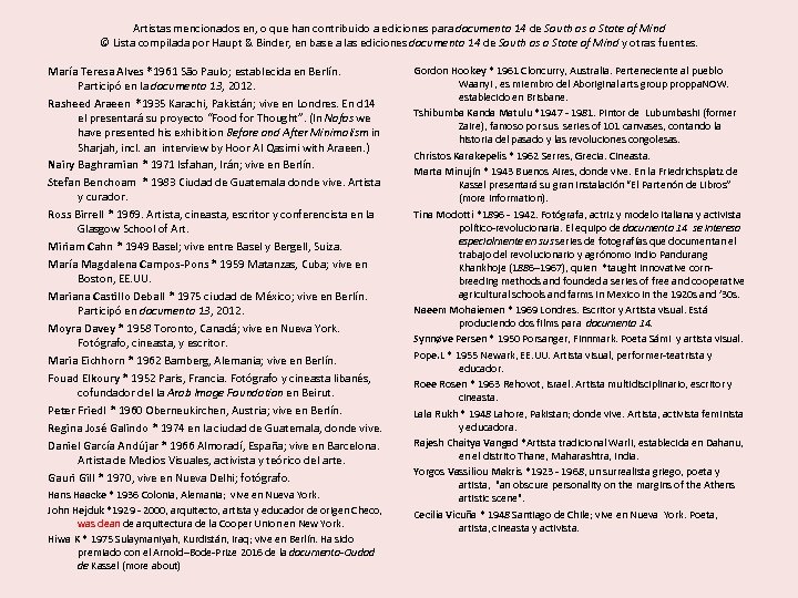 Artistas mencionados en, o que han contribuido a ediciones para documenta 14 de South