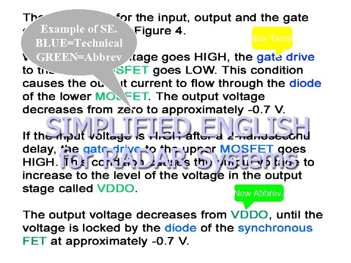 Example of SE. BLUE=Technical GREEN=Abbrev New Terms New Abbrev. 