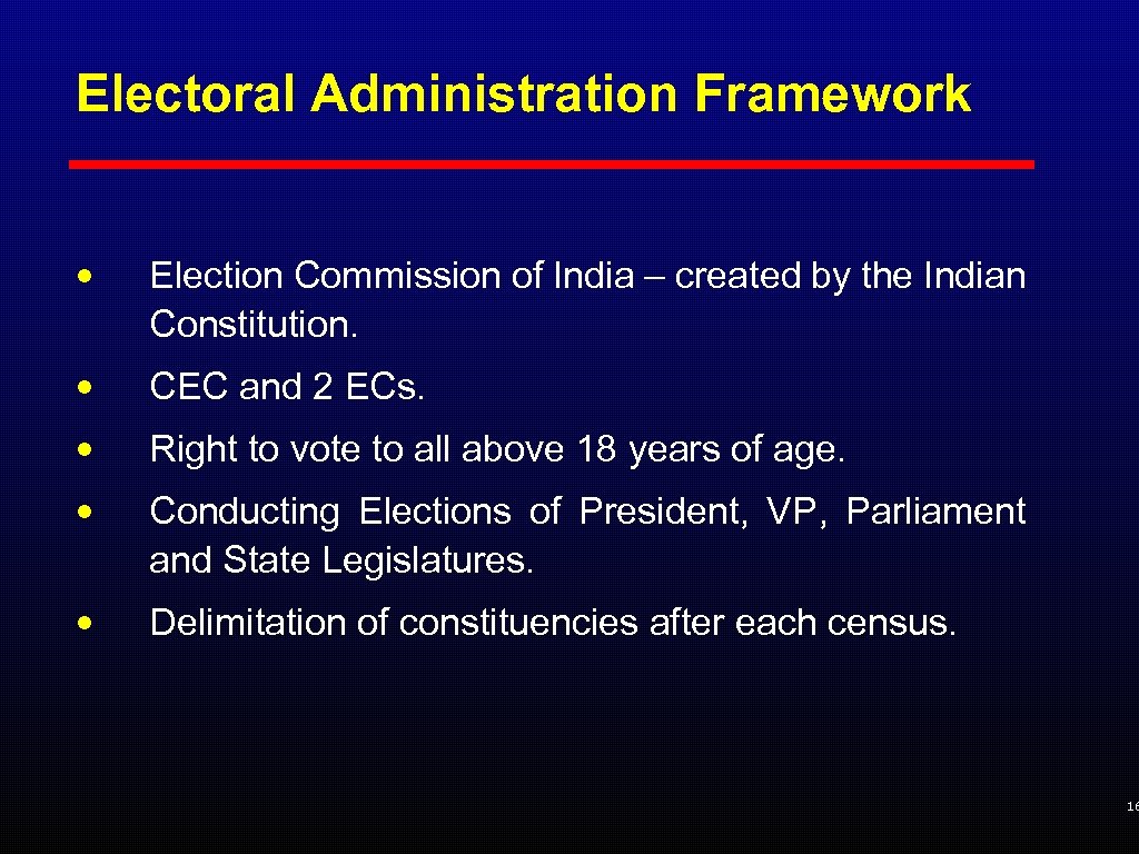 Electoral Administration Framework • Election Commission of India – created by the Indian Constitution.