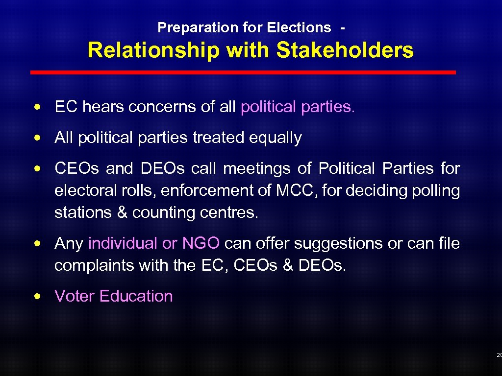 Preparation for Elections - Relationship with Stakeholders • EC hears concerns of all political