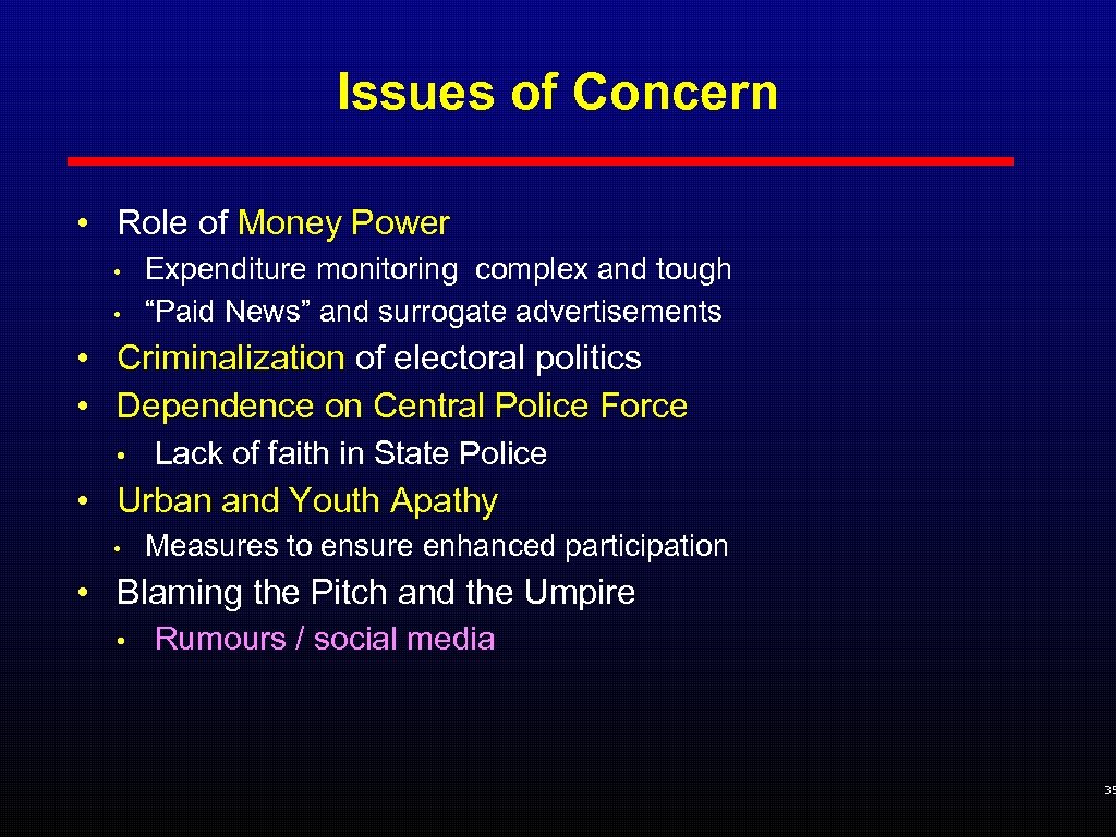 Issues of Concern • Role of Money Power • • Expenditure monitoring complex and