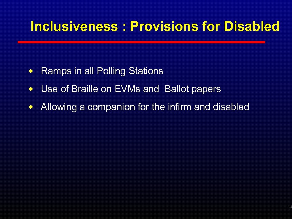 Inclusiveness : Provisions for Disabled • Ramps in all Polling Stations • Use of
