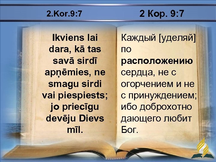 2. Kor. 9: 7 Ikviens lai dara, kā tas savā sirdī apņēmies, ne smagu