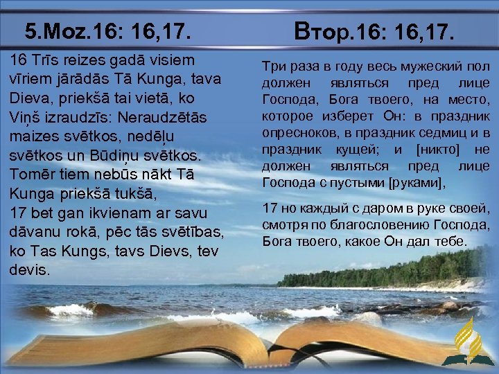 5. Moz. 16: 16, 17. 16 Trīs reizes gadā visiem vīriem jārādās Tā Kunga,