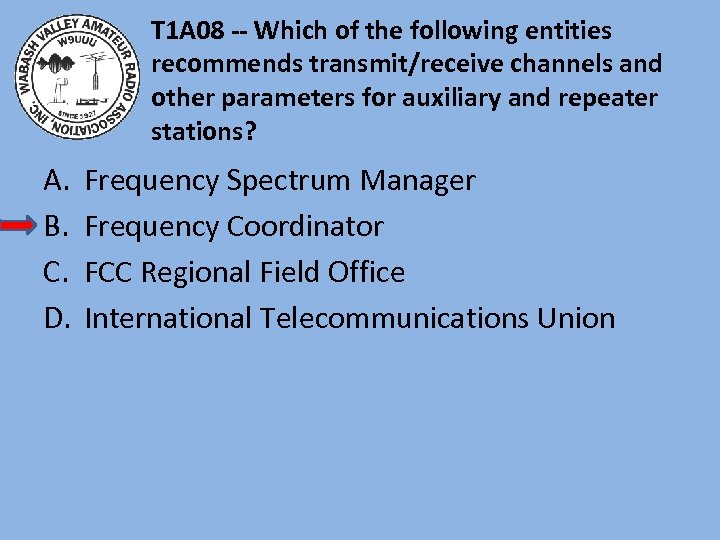 T 1 A 08 -- Which of the following entities recommends transmit/receive channels and