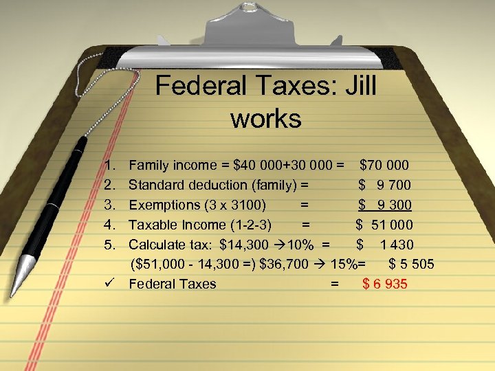 Federal Taxes: Jill works 1. Family income = $40 000+30 000 = $70 000