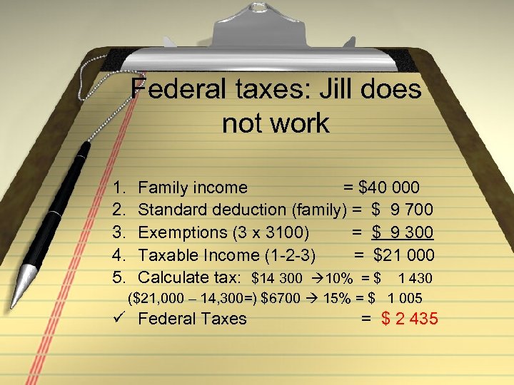 Federal taxes: Jill does not work 1. 2. 3. 4. 5. Family income =